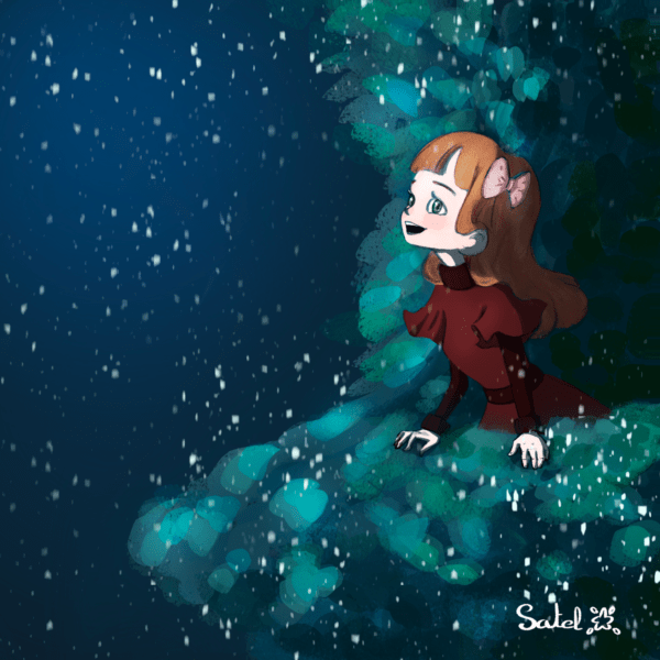 Portfolio : lllustration d'une jeune fille regardant la neige tomber.